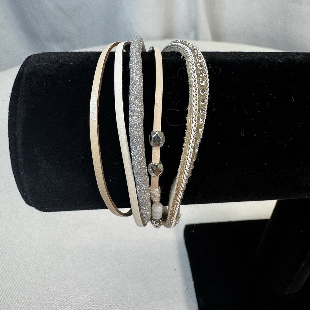 Leather rhinestone cuff magnetic bracelet, 5 strands/layers. Neutral beige taupe